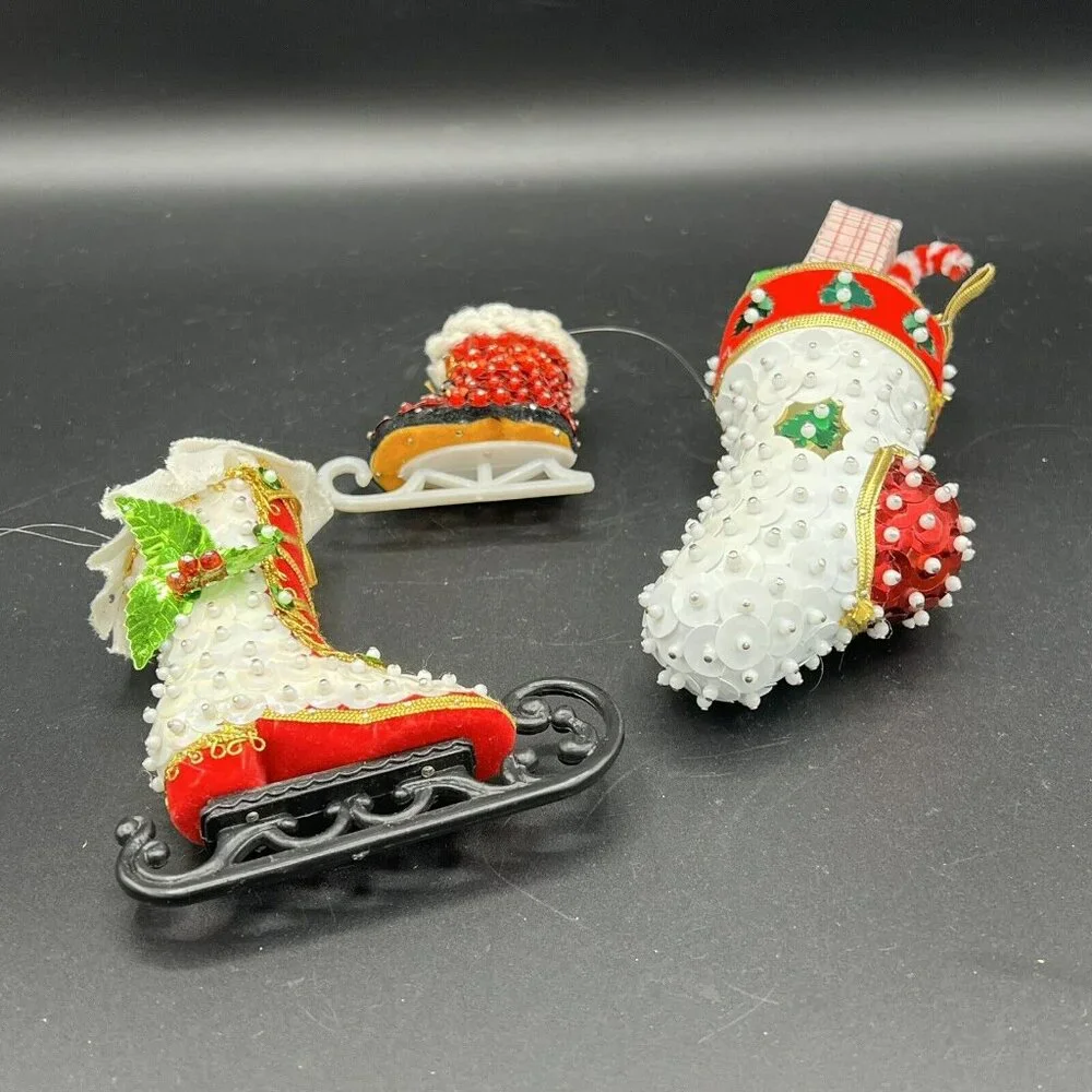 Christmas Push Pin Ornament Satin Sequin Bead Ice Skate Stockin Handmade VTG SET